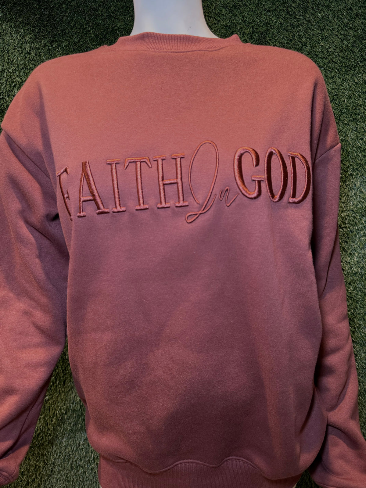 Faith In God Embroidered Unisex Fleece lined crewneck Sweatshirt- Brown