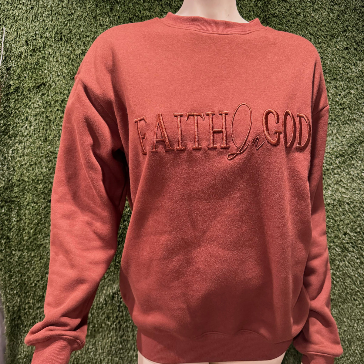 Faith In God Embroidered Unisex Fleece lined crewneck Sweatshirt- Brown