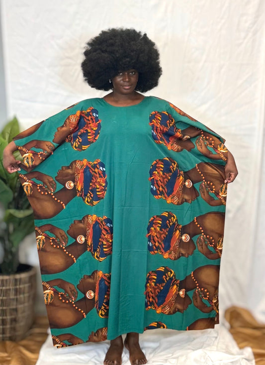 Black woman wearing bright colorful kaftan