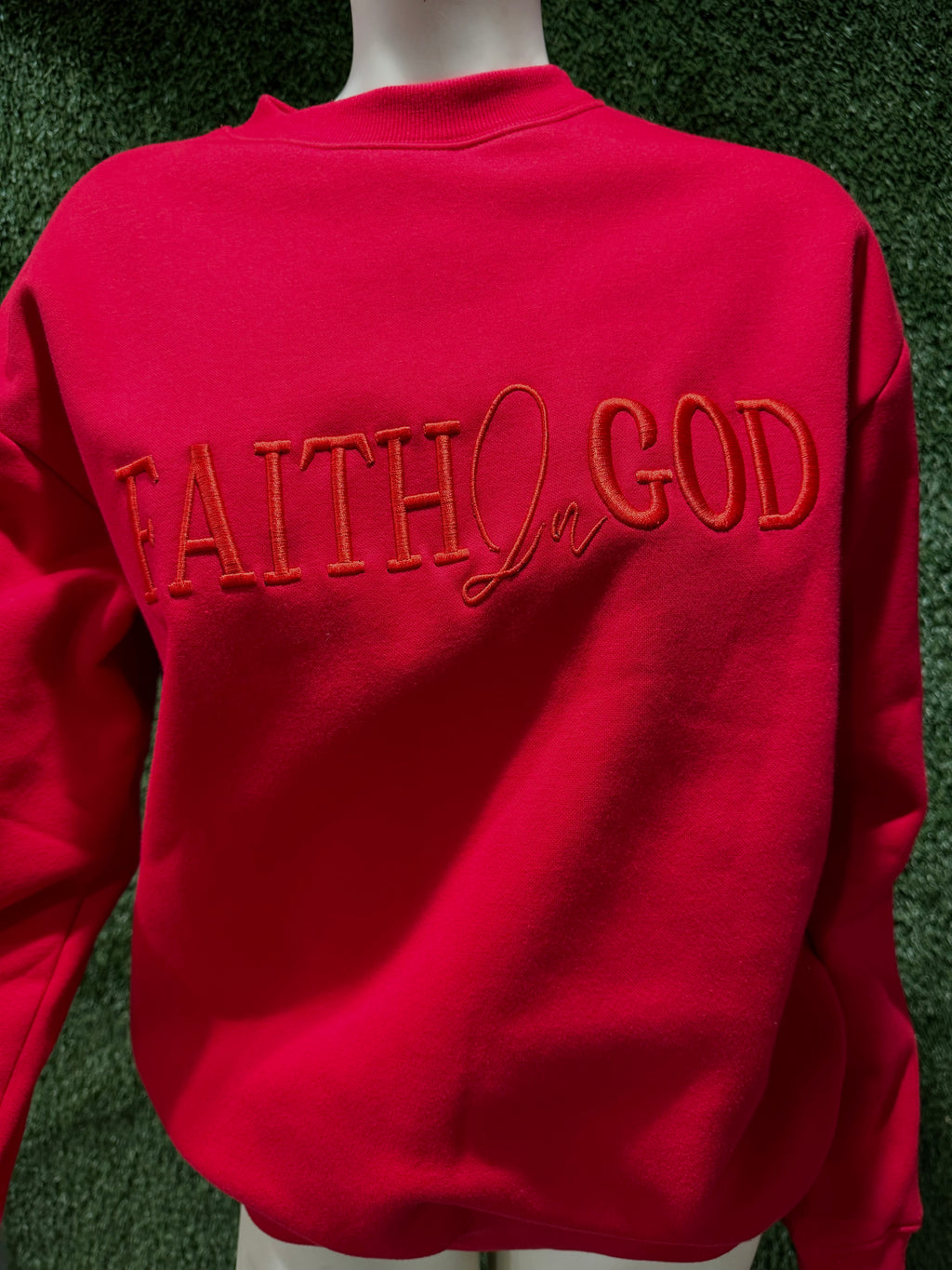 Faith In God Embroidered Unisex Fleece Lined crewneck Sweatshirt - Red