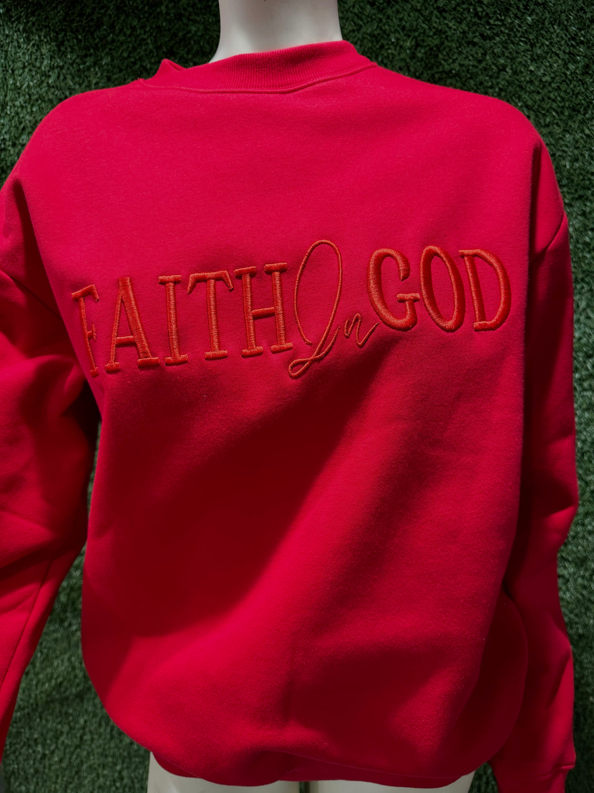Faith In God Embroidered Unisex Fleece Lined crewneck Sweatshirt - Red