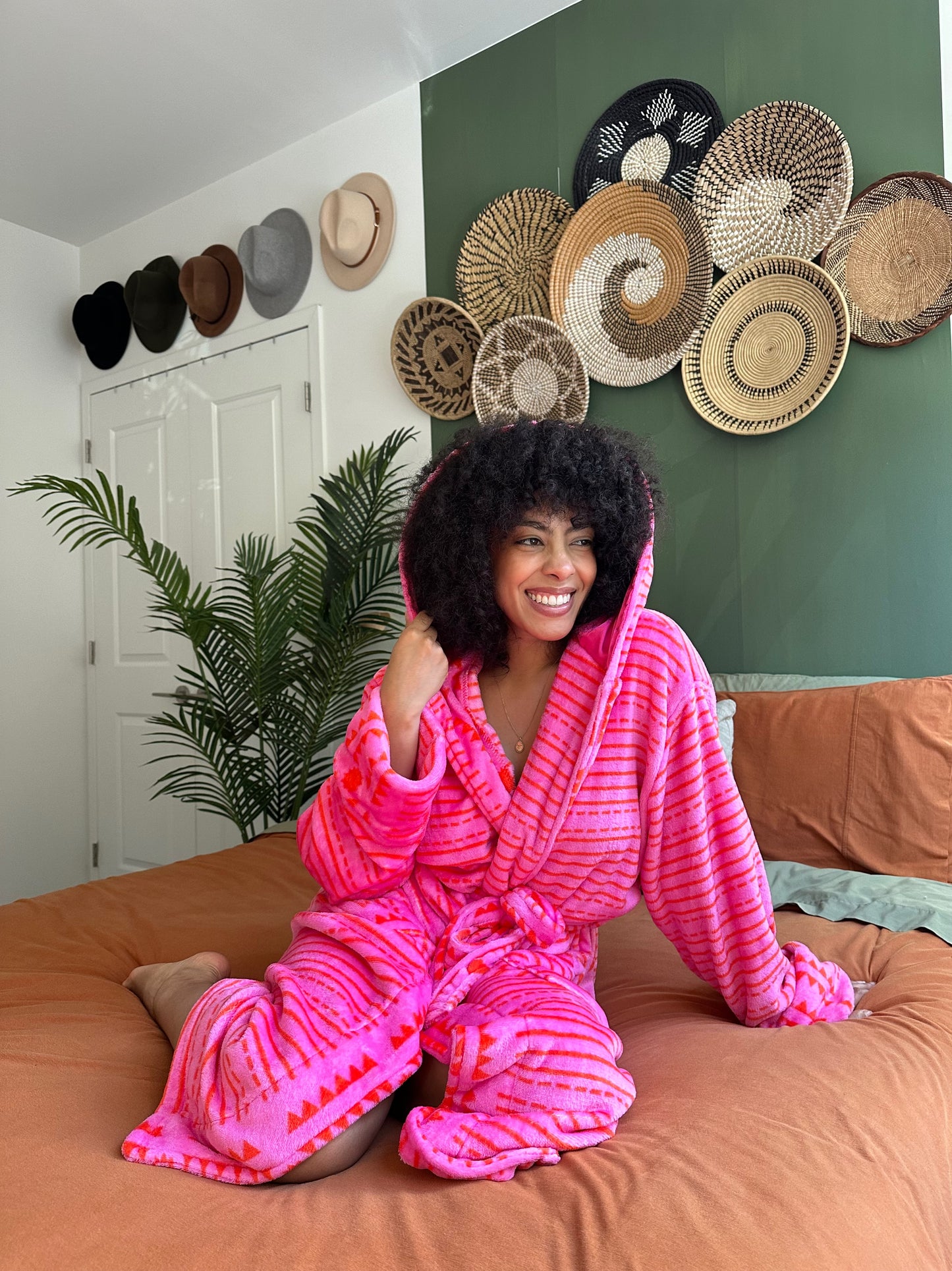 Mannaa African Print Lightweight Fleece Bathrobe with satin lined hood with pockets