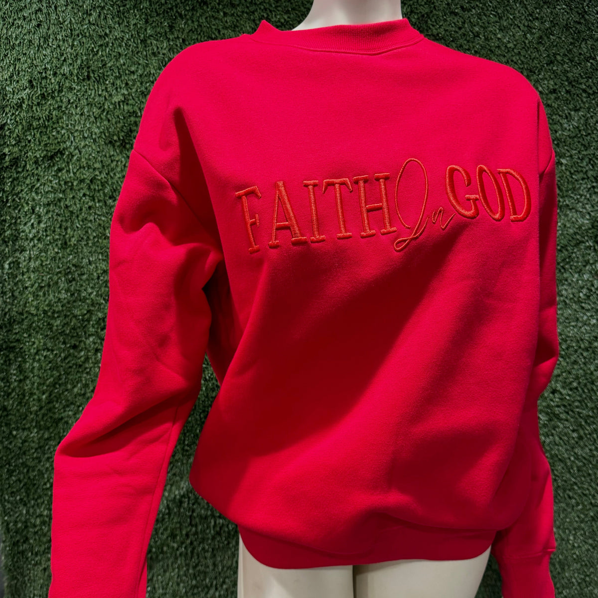 Faith In God Embroidered Unisex Fleece Lined crewneck Sweatshirt - Red