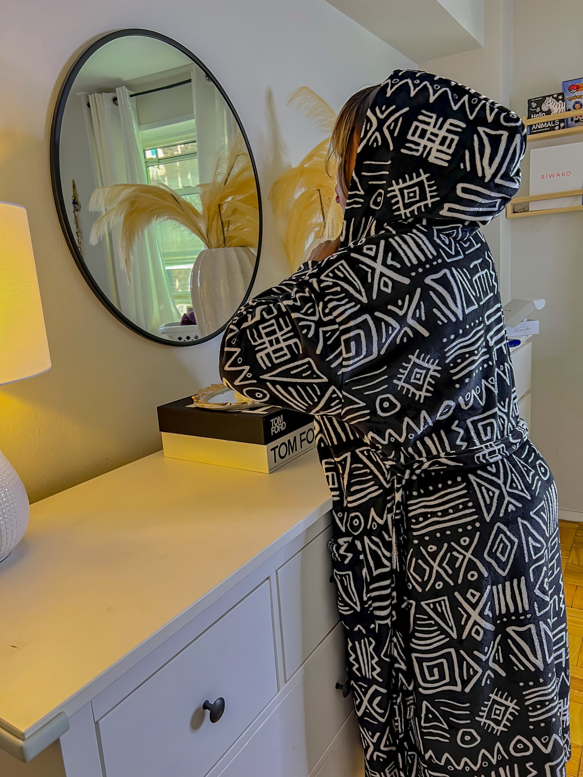 Manka II African Print Cotton Robe with satin lined hood and two pockets