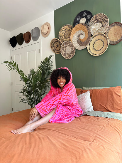 Mannaa African Print Lightweight Fleece Bathrobe with satin lined hood with pockets