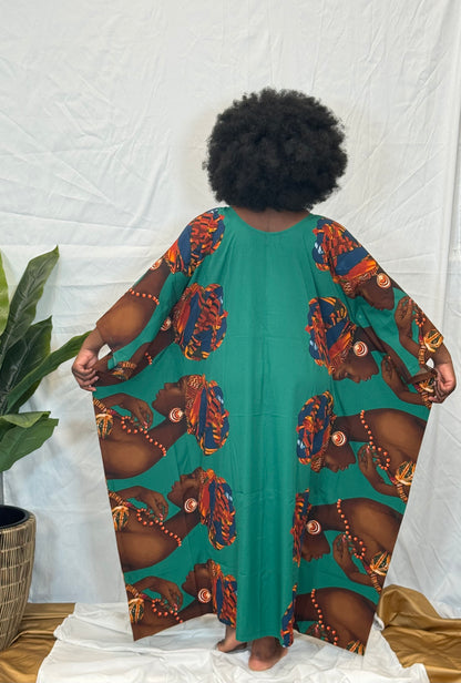 Black woman wearing bright colorful kaftan
