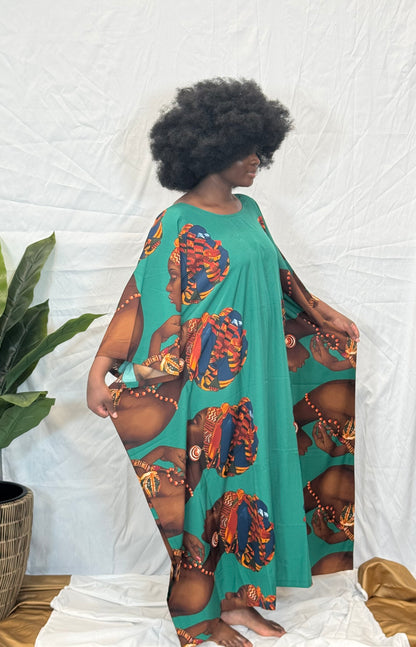 Black woman wearing bright colorful kaftan