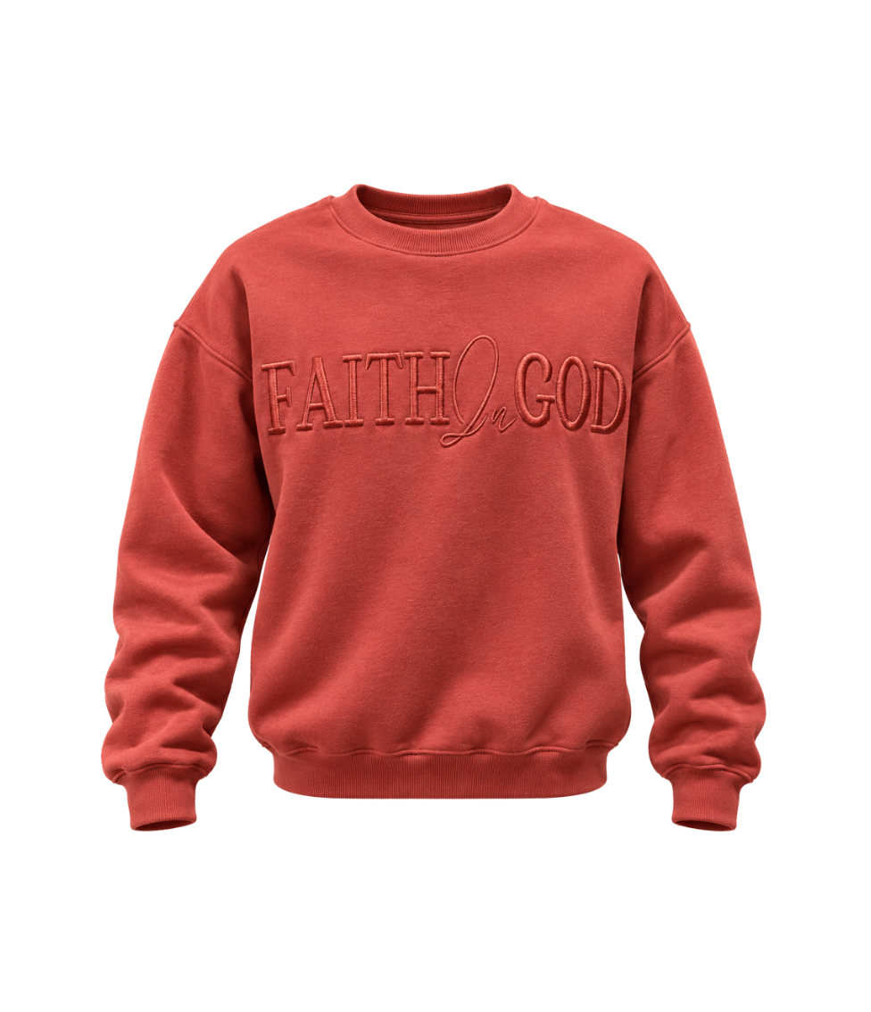 Faith In God Embroidered Unisex Fleece lined crewneck Sweatshirt- Brown