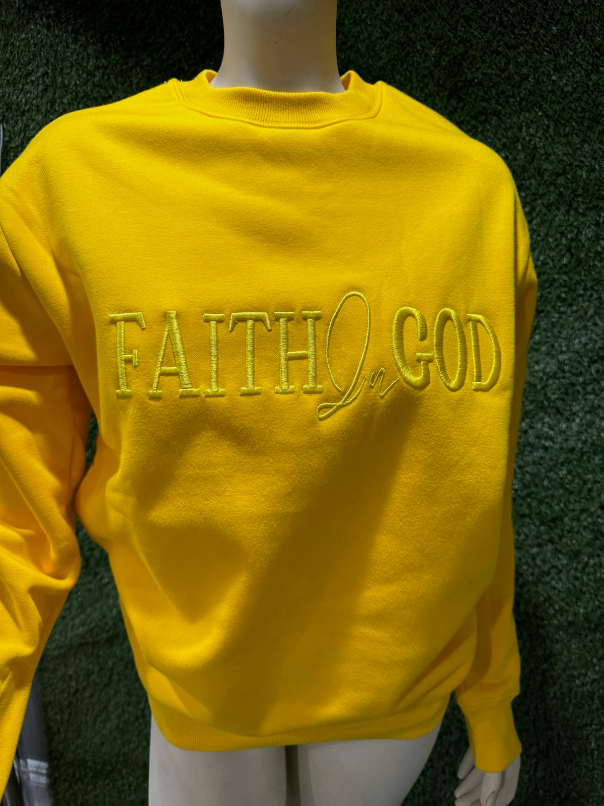 Faith In God Embroidered Unisex Fleece Lined Crewneck Sweatshirt- Yellow