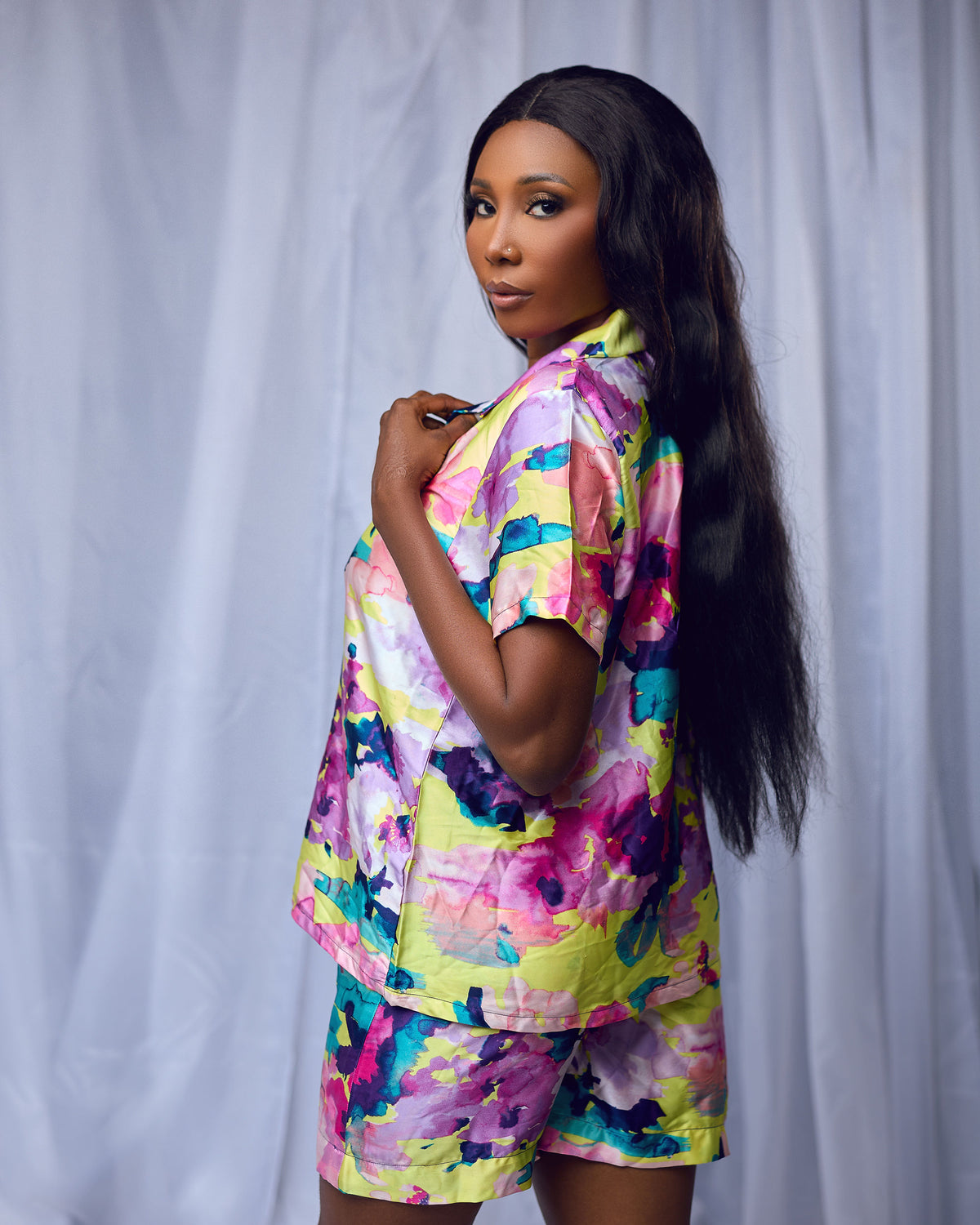 Yennana Silk Top and Shorts Loungewear Set with pockets