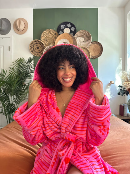 Mannaa African Print Lightweight Fleece Bathrobe with satin lined hood with pockets