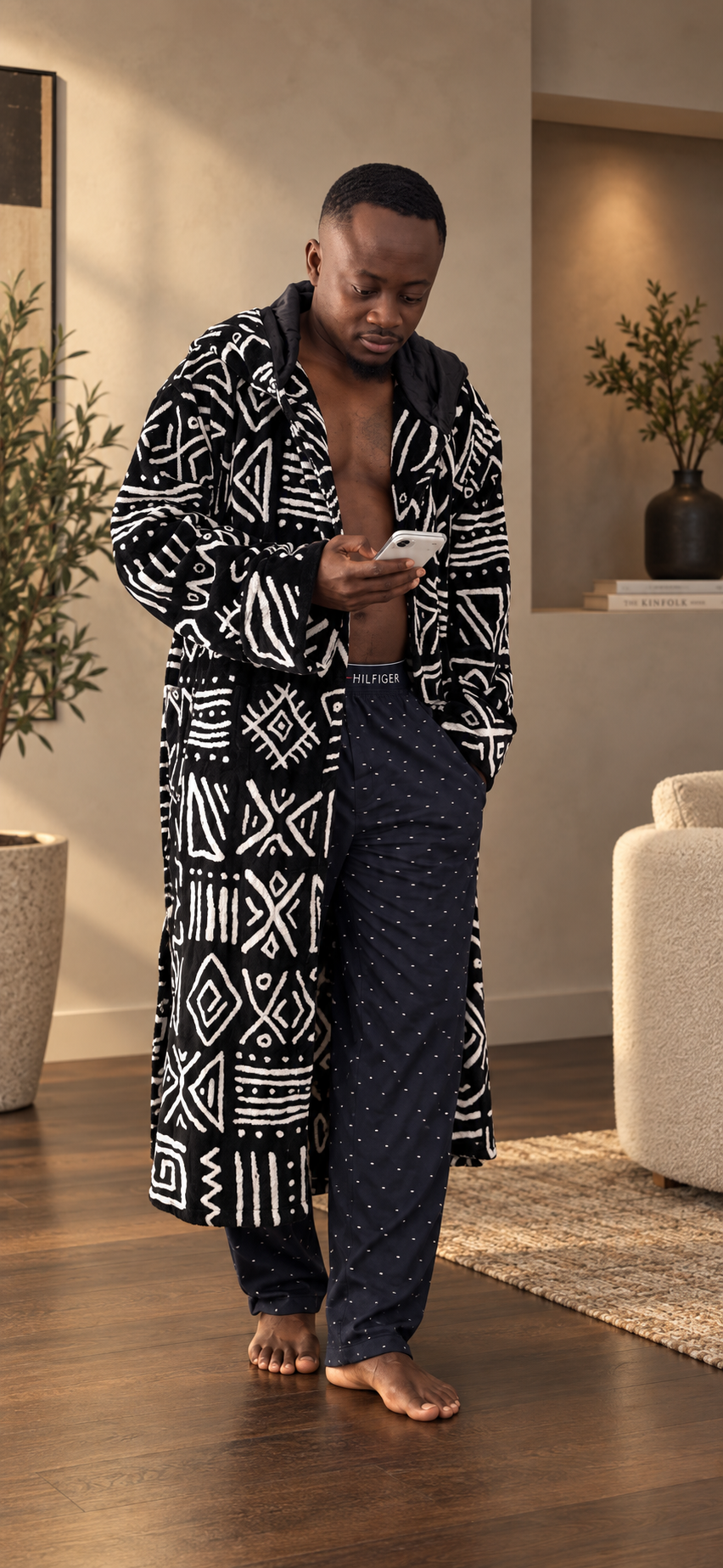 Manka II African Print Cotton Robe with satin lined hood and two pockets