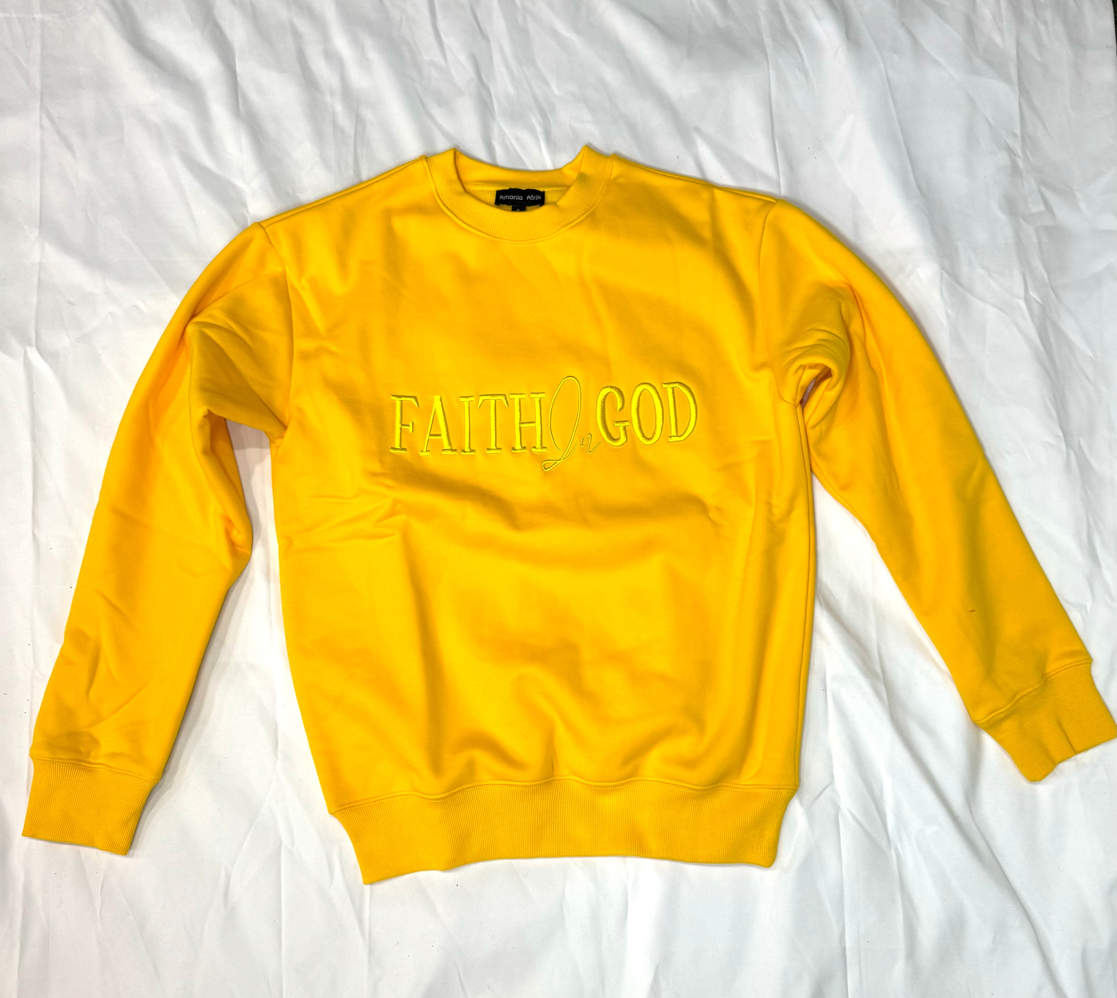 Faith In God Embroidered Unisex Fleece Lined Crewneck Sweatshirt- Yellow