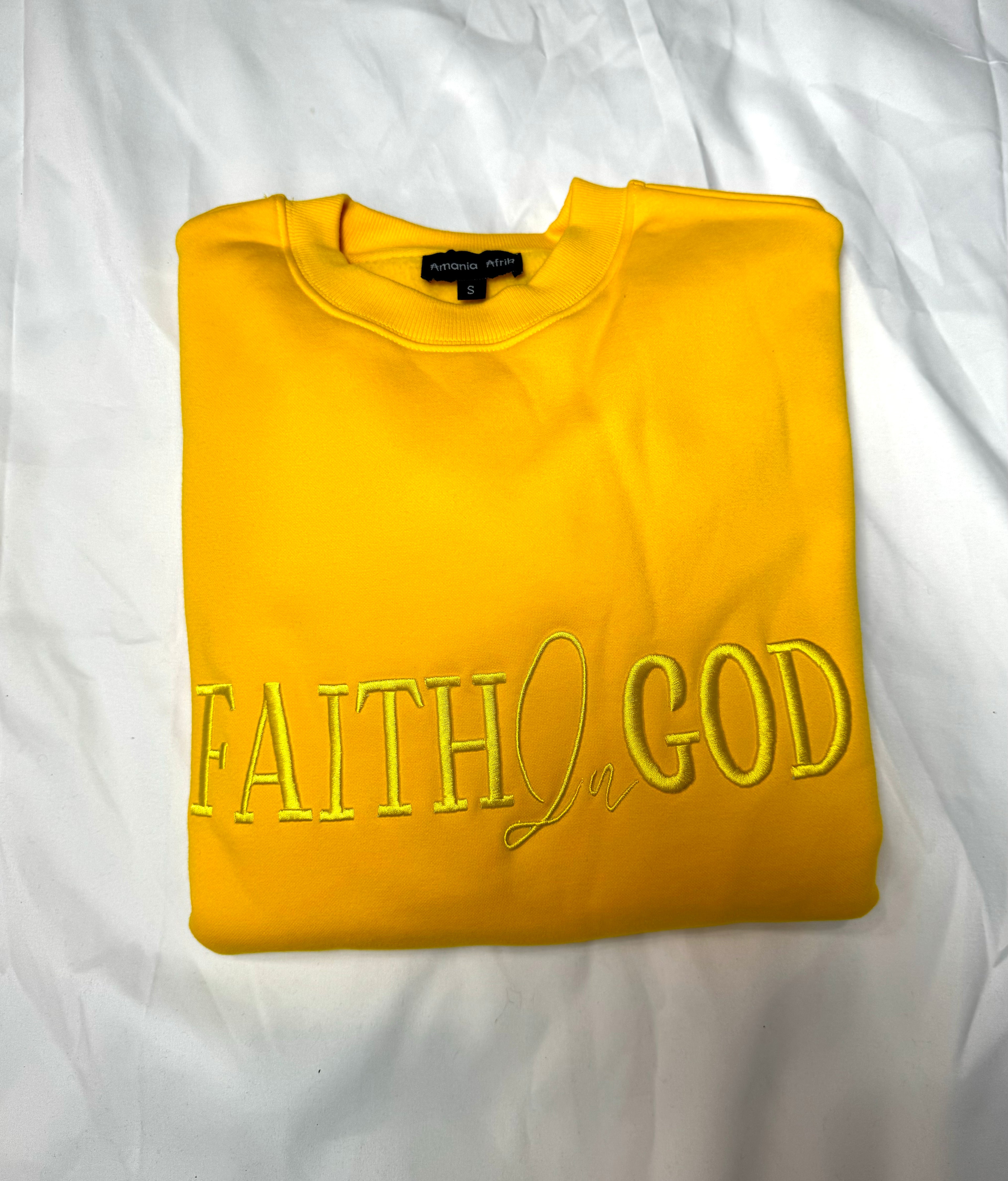 Faith In God Embroidered Unisex Fleece Lined Crewneck Sweatshirt- Yellow