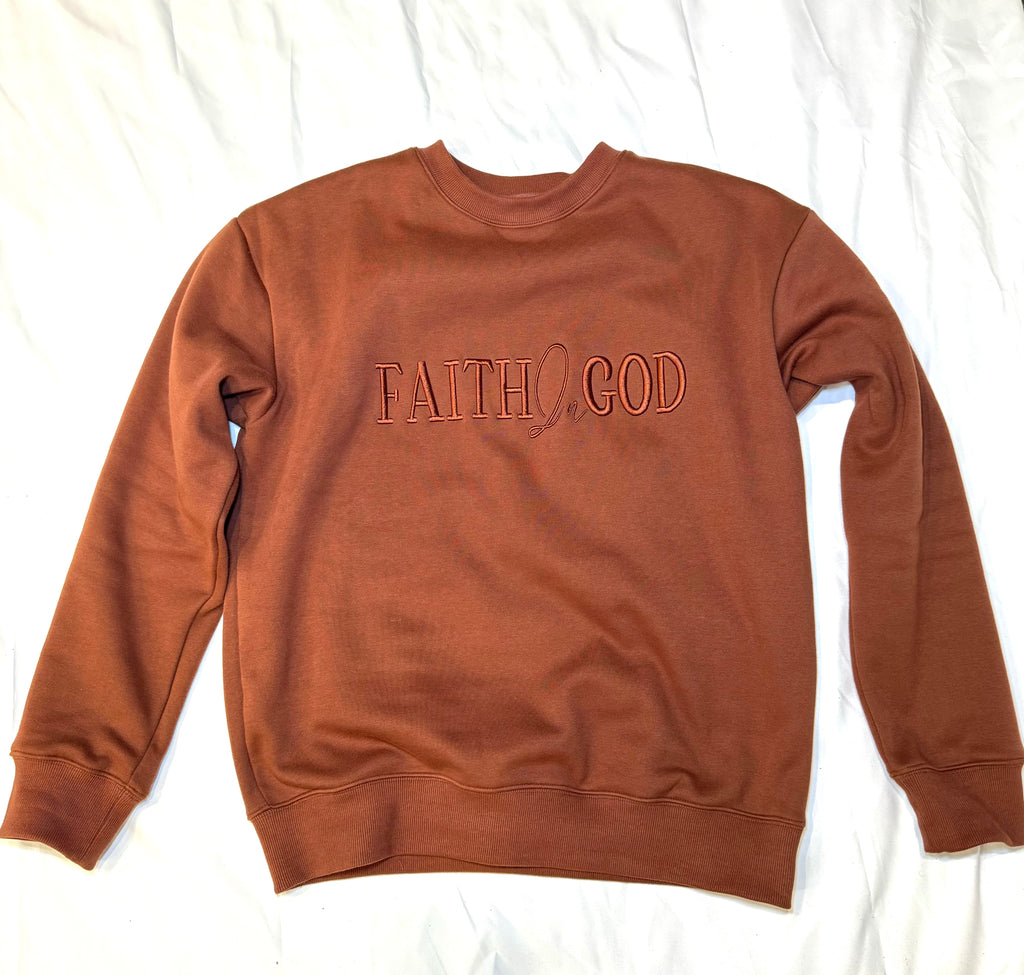 Faith In God Embroidered Unisex Fleece lined crewneck Sweatshirt- Brown