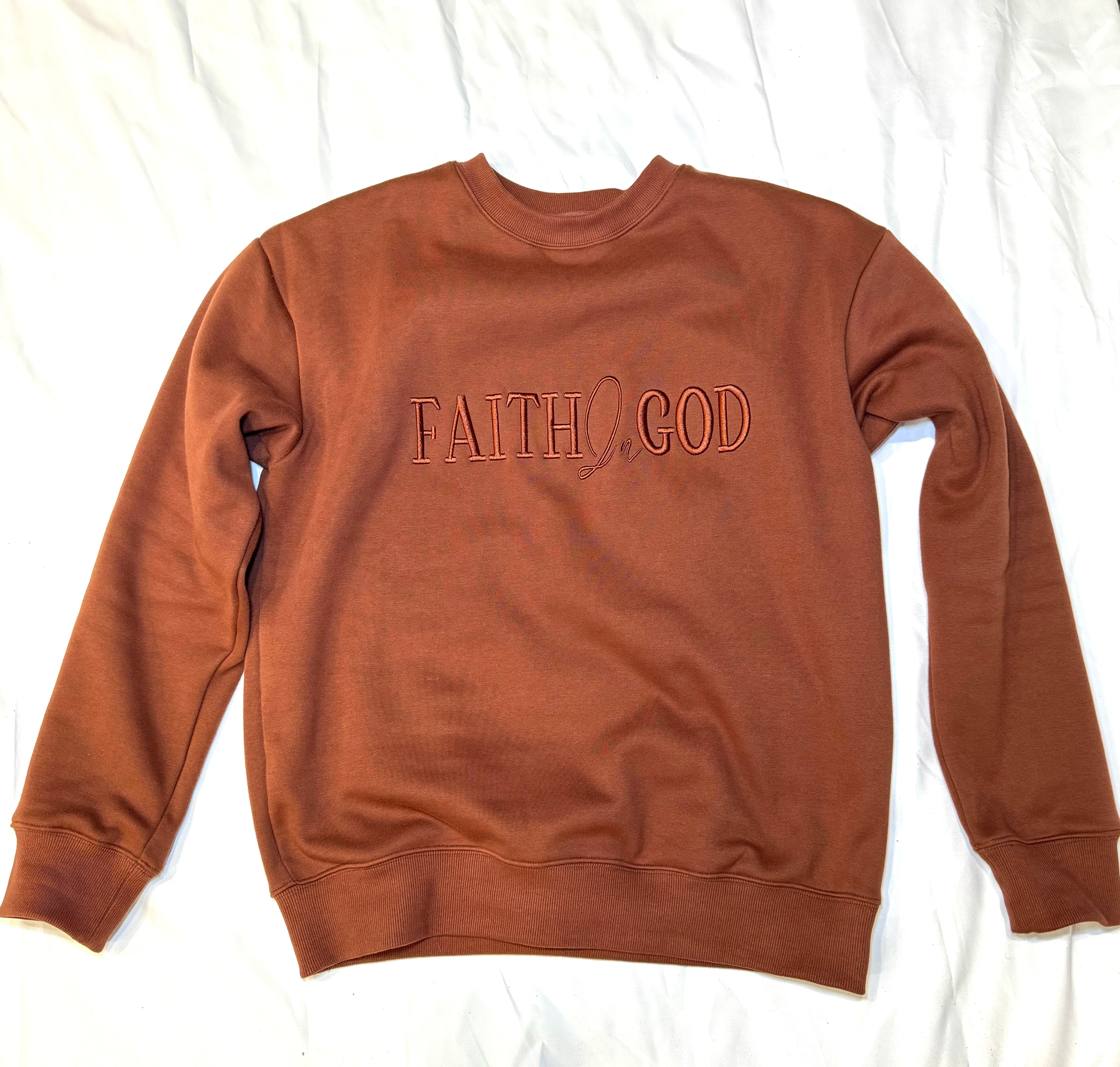 Faith In God Embroidered Unisex Fleece lined crewneck Sweatshirt- Brown