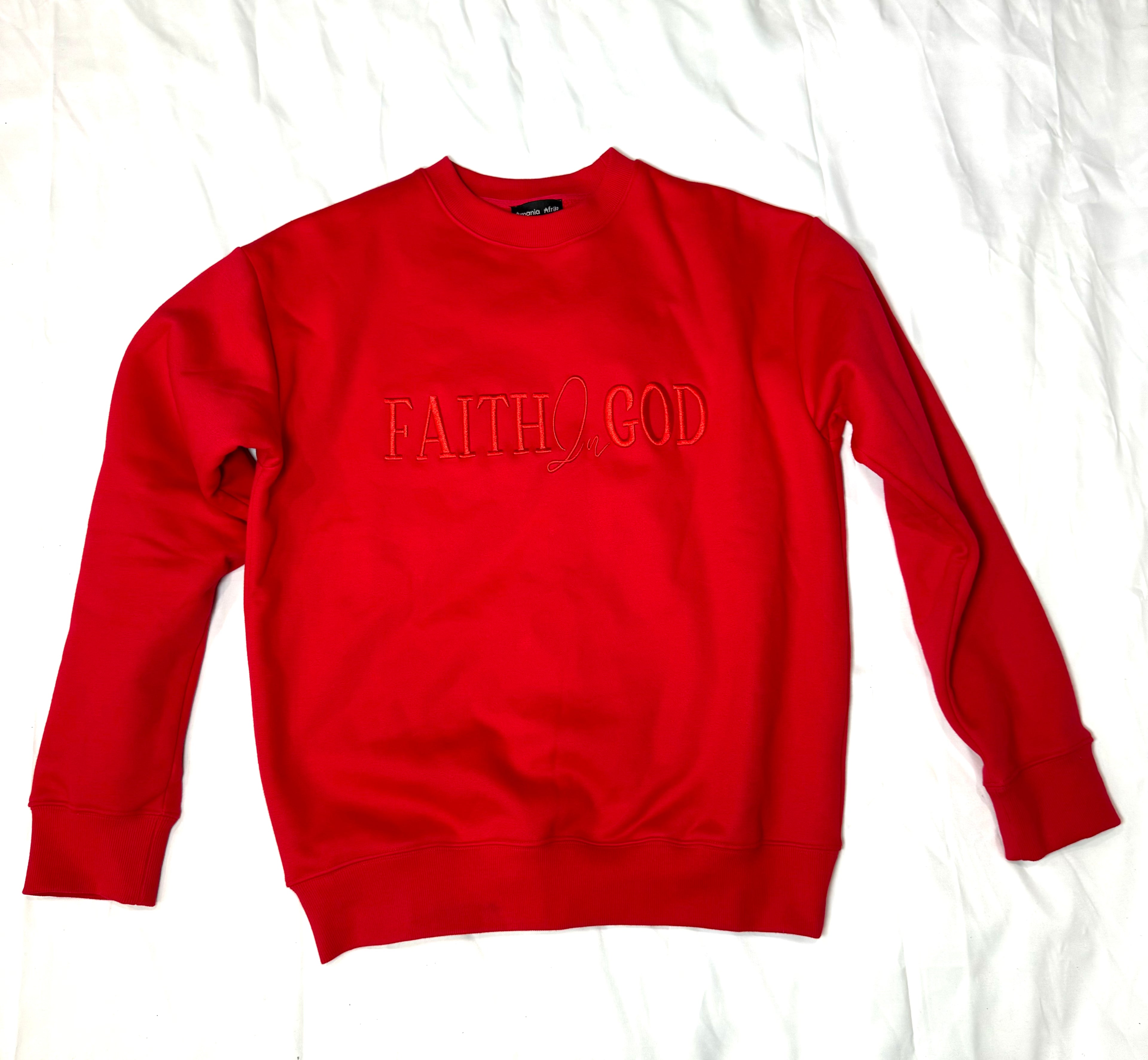 Faith In God Embroidered Unisex Fleece Lined crewneck Sweatshirt - Red