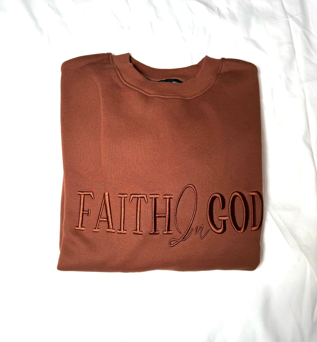 Faith In God Embroidered Unisex Fleece lined crewneck Sweatshirt- Brown