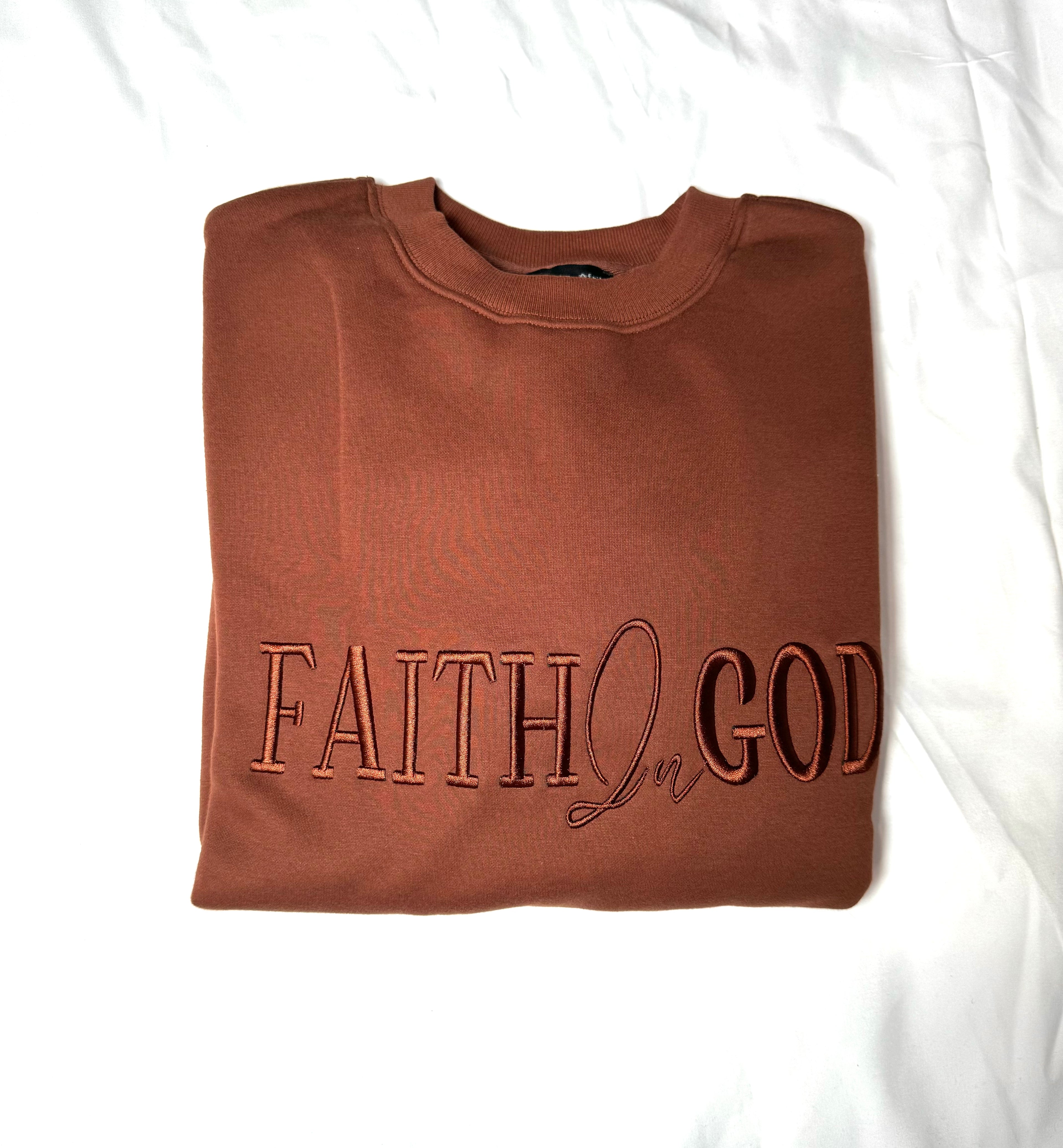 Faith In God Embroidered Unisex Fleece lined crewneck Sweatshirt- Brown