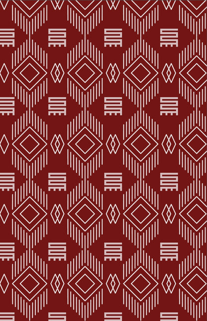 Patterned fabric with geometric design on a red background
