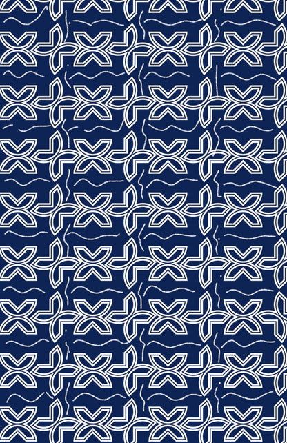 White geometric pattern on a blue background