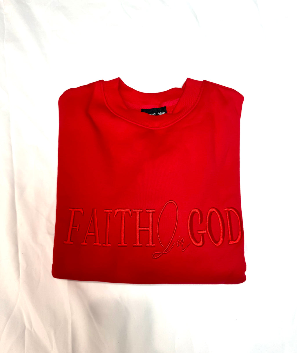 Faith In God Embroidered Unisex Fleece Lined crewneck Sweatshirt - Red