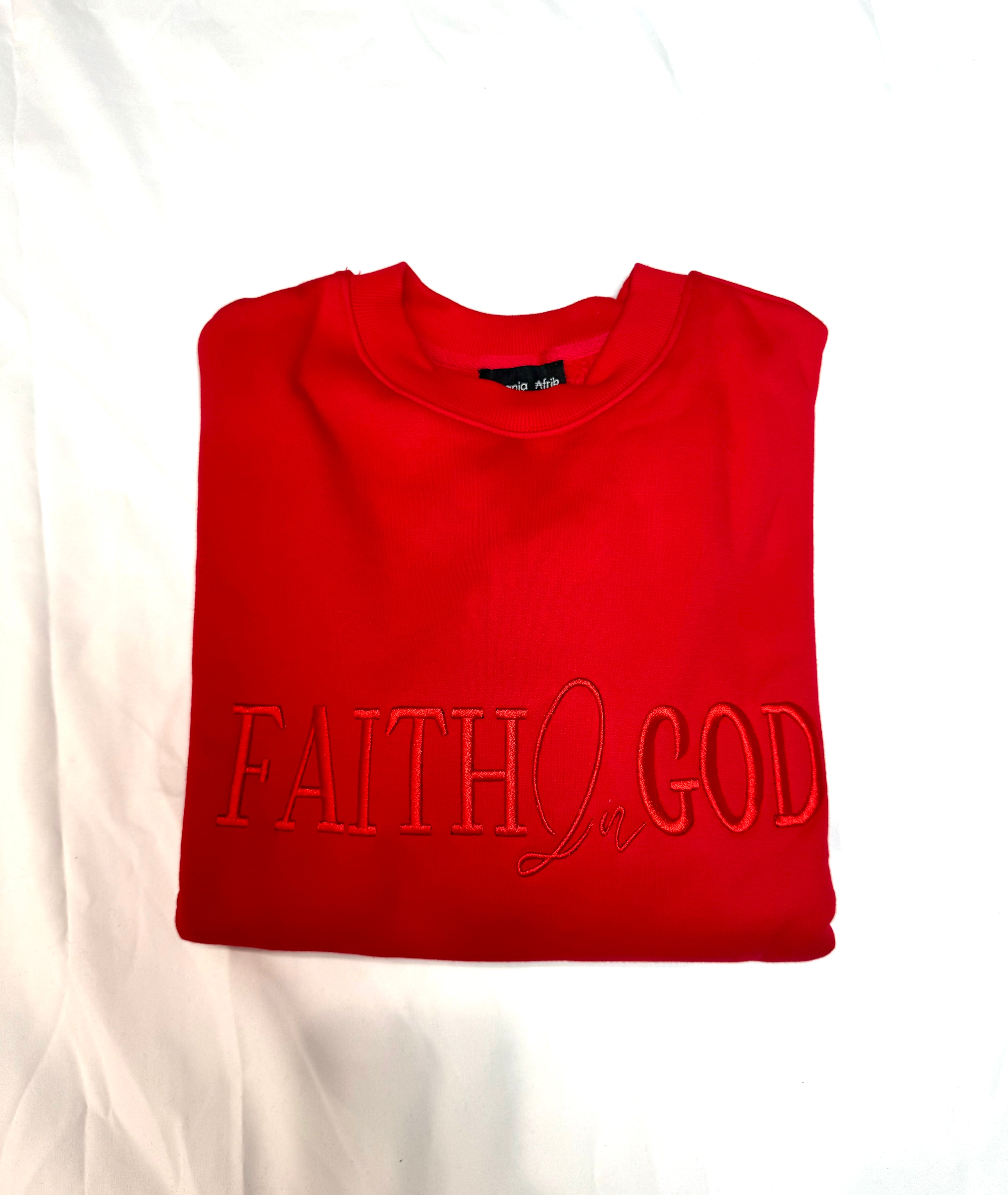 Faith In God Embroidered Unisex Fleece Lined crewneck Sweatshirt - Red