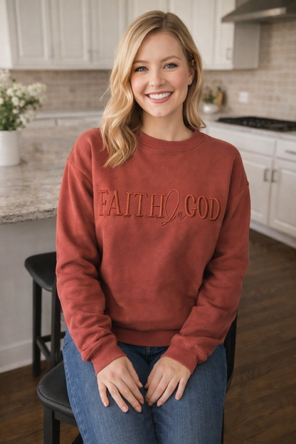 Faith In God Embroidered Unisex Fleece lined crewneck Sweatshirt- Brown