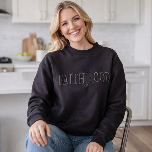 Faith In God Embroidered Unisex Fleece Lined Crewneck Sweatshirt- Black