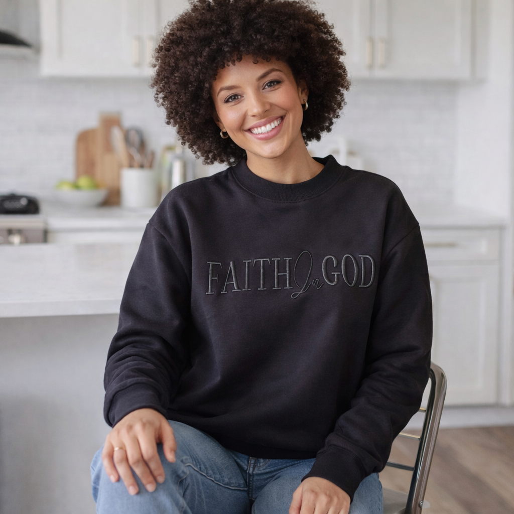 Faith In God Embroidered Unisex Fleece Lined Crewneck Sweatshirt- Black