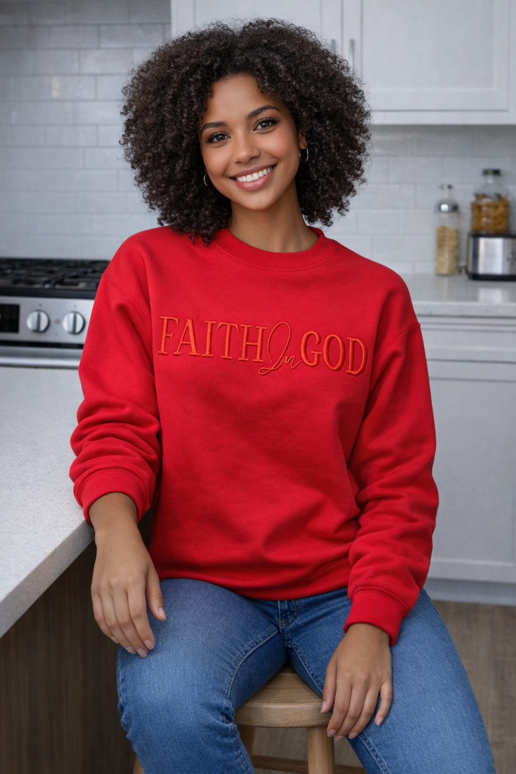 Faith In God Embroidered Unisex Fleece Lined crewneck Sweatshirt - Red