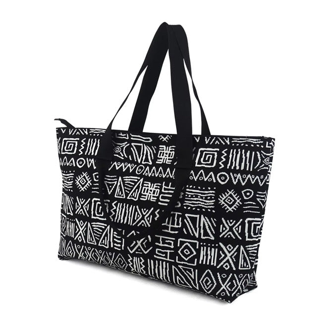Black tote bag with white geometric pattern on a white background