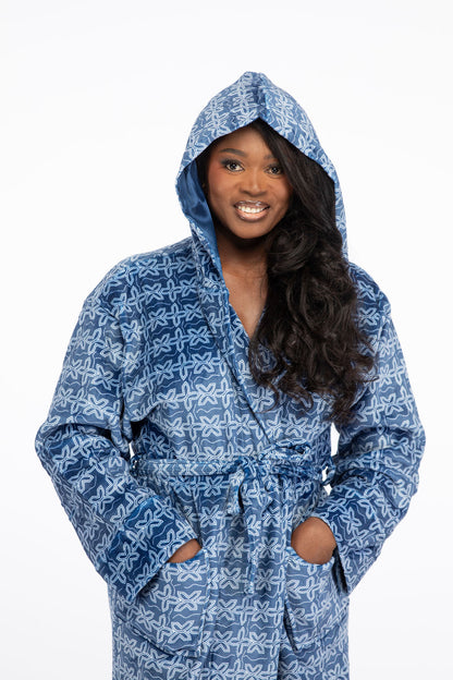 Mamee African Print Thick Fleece Bathrobe with satin lined hood and two pockets