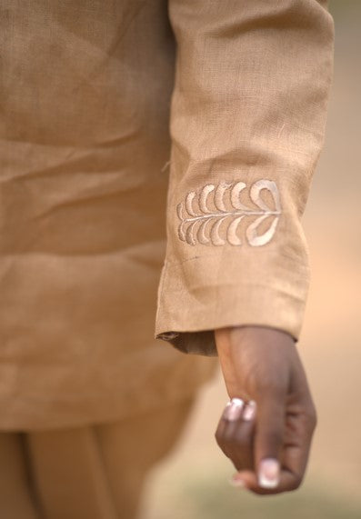 Young woman in linen shirt and pants set