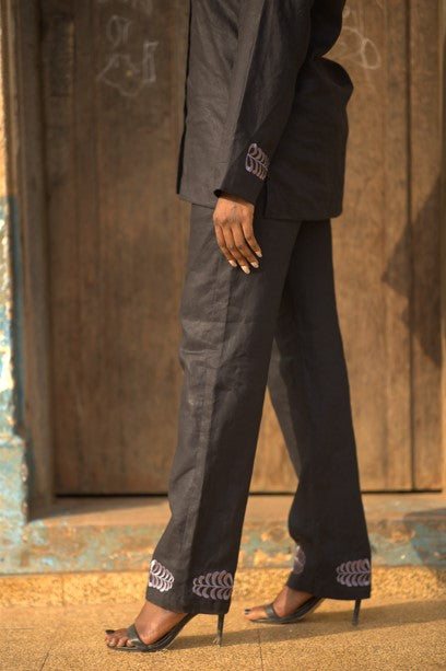 Young woman in linen shirt and pants set