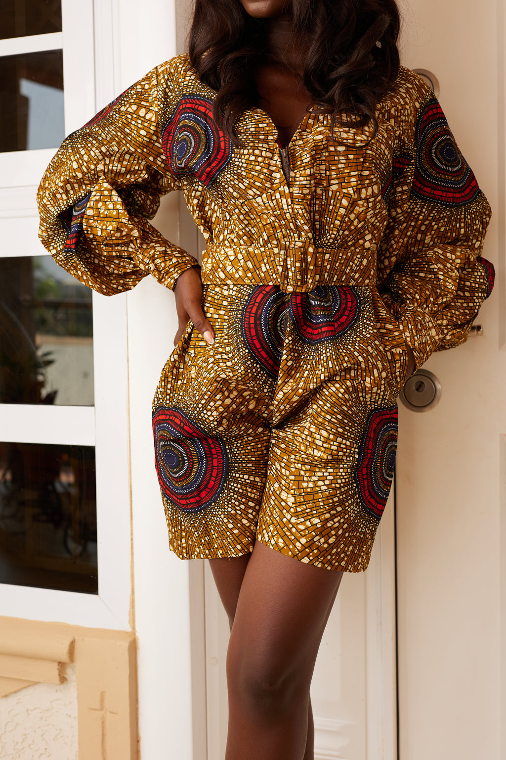 Jayde II Short Length African Print Jumpsuit with pockets and waistbelt