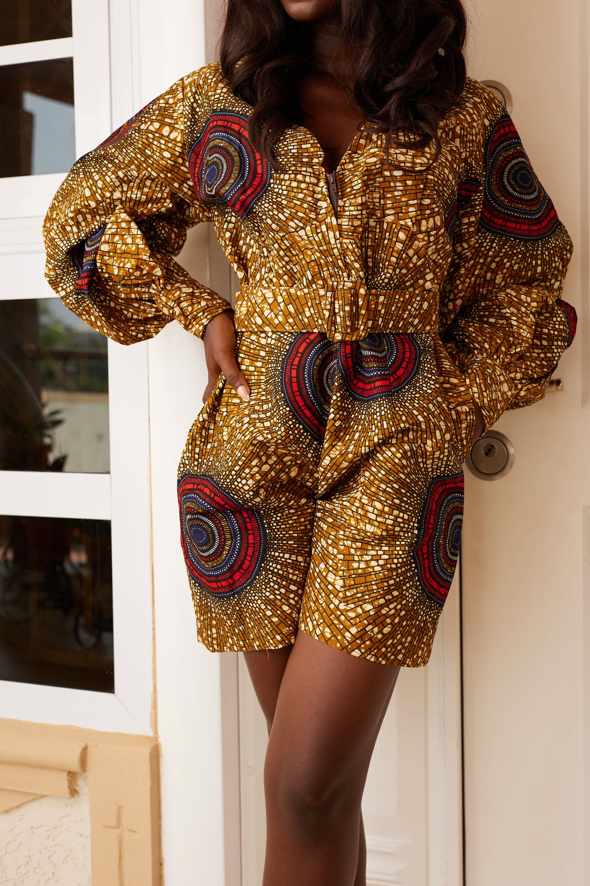 Jayde II Short Length African Print Jumpsuit with pockets and waistbelt