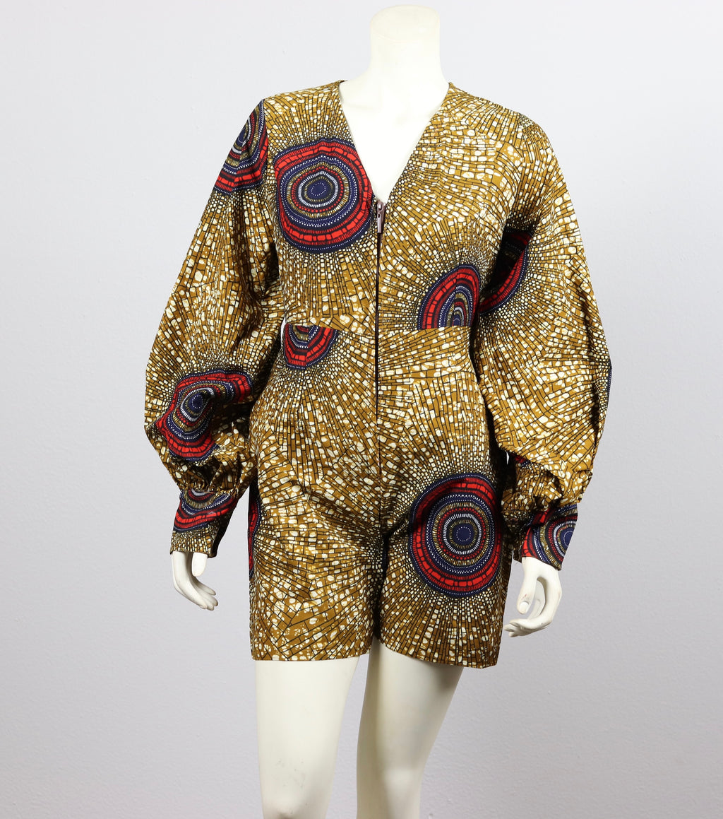 Jayde II Short Length African Print Jumpsuit with pockets and waistbelt