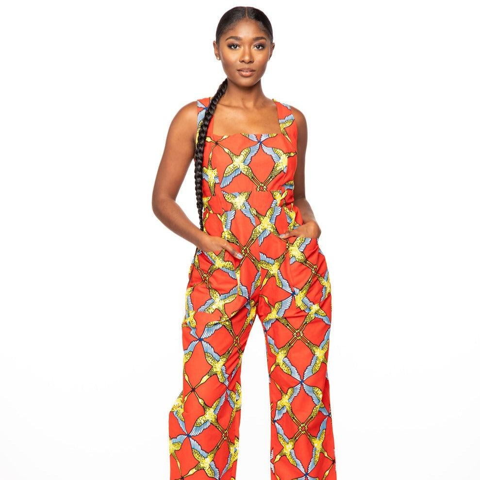 Kesia Red African Print Floor length Jumpsuit with pockets