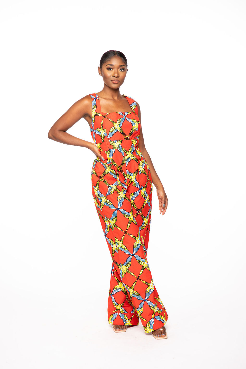 Kesia Red African Print Floor length Jumpsuit with pockets