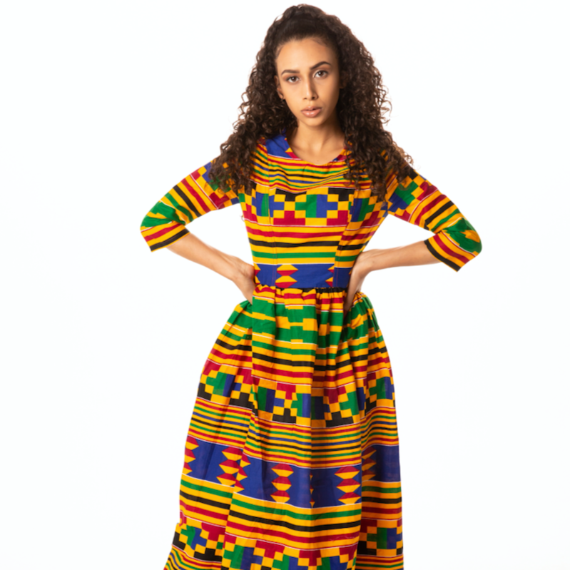 kente maxi dress Kaelyn Long Maxi Infinity Dress in Pink Green Yellow and Navy Blue African Ankara Kente Print